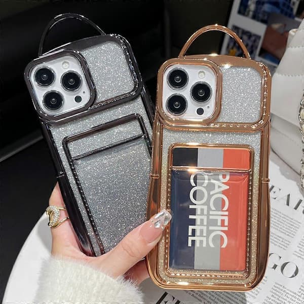 Glitter Kort Holder Myk TPU Telefon Deksel til iPhone 15 Pro