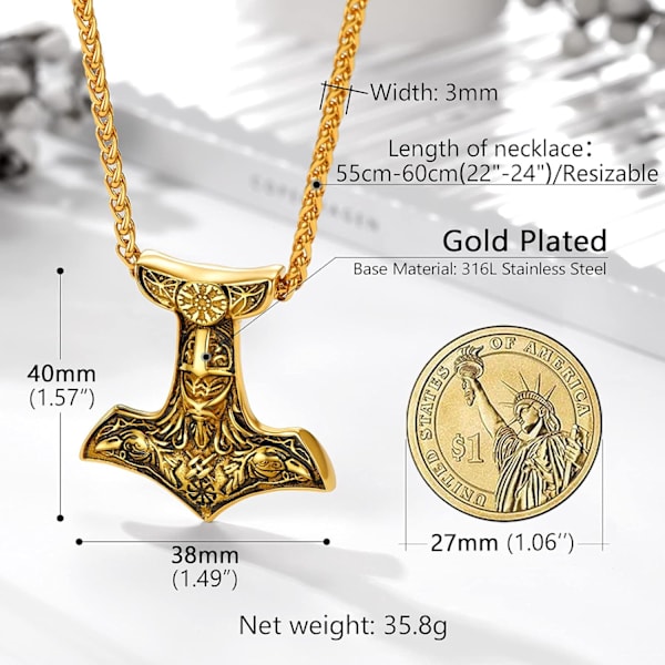 Thor Mjolnir Hammer Vedhæng Charm, Nordisk Viking Økse med Pigkæde, Rustfrit Stål 01. Dorado
