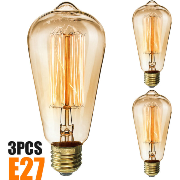 3 kpl ST64 suora lanka Edison retro volframilamppu vit