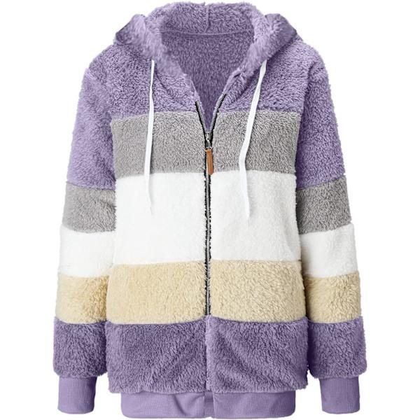 Hættejakke til kvinder, Teddy Fleece-frakke, Overgangsjakke med hætte og lommer, lynlås, efterår, vinter, plysjakke, fleecejakke, vinter M J Purple