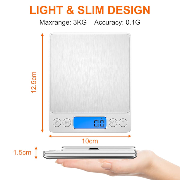 3 kg/0,1 g køkkenvægt, elektronisk digitalvægt i rustfrit stål med LCD-skærm med 6 enheder, vejer mad til madlavning, bagning, blanding