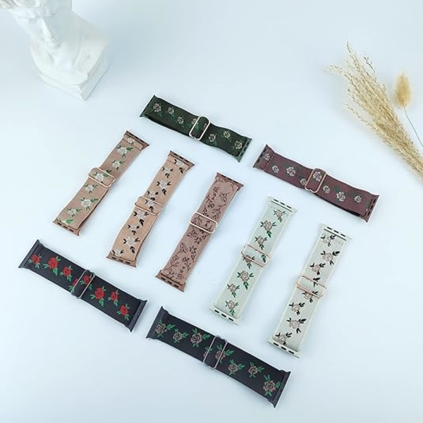 Blomster Sportbånd Kompatibel med Apple Watch, Kvinders Elastisk Vævet Nylon Enkelt Loop Broderet Blomsterprint Urrem til Flere Serier Green leaf pink rose starlight 38/40/41mm