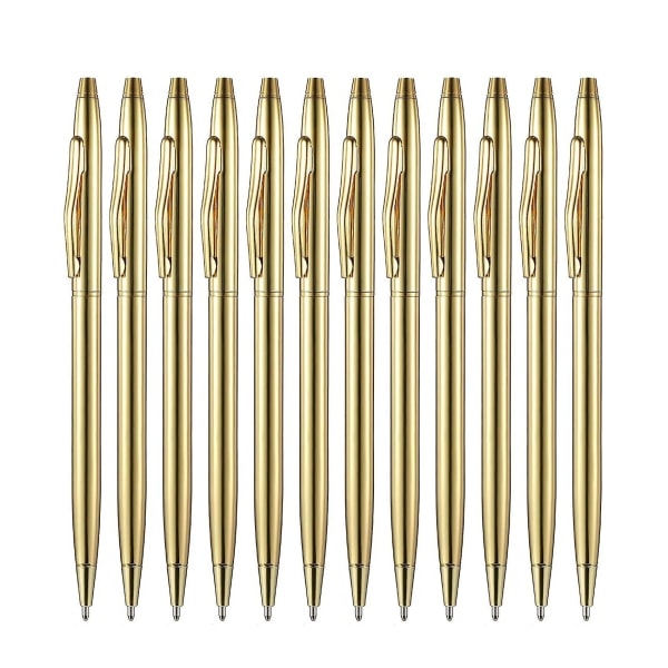 12 Pcs Gold Slim Ballpoint Pens Black Ink 1 Mm Medium Point Metallic Retractable Pens For Students