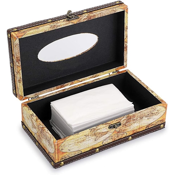 Retro Tissue Box Hållare, Tissue Organizer Rektangulär Trä + PU Tissue Box Omslag (Gul Karta)