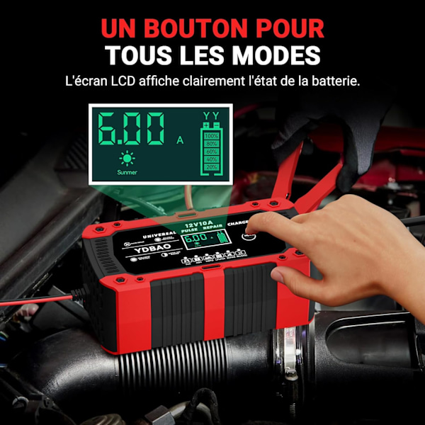 12V 10A LiFePO4 Auton Akkulaturi Älykäs Automaattinen Moottoripyörän Laturi LCD-näytöllä 6 Tilaa Korjaus AGM Geeli SLA Märkä