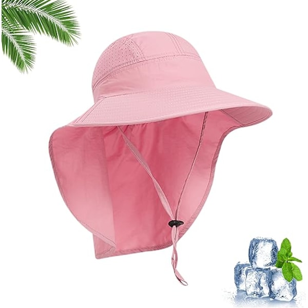 Lasten aurinkohattu, säädettävä lierihattu tytöille, leveälierinen aurinkohattu hihnalla, UPF 50+ UV-suoja, rantahattu, aurinkolippalakki 6-16-vuotiaille pink