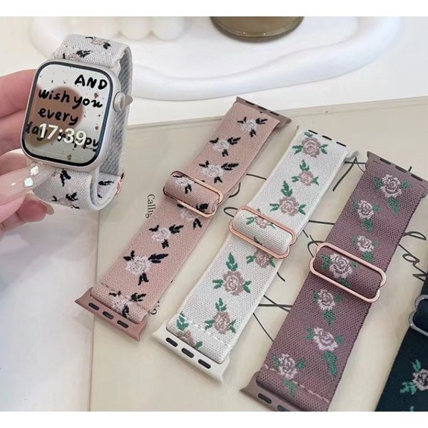 Blomster Sportbånd Kompatibelt med Apple Watch, Kvinners Elastisk Vevd Nylon Enkeltløkke Broderte Blomstertrykk Urreim for Flere Serier Green leaves pink rose smoky purple 38/40/41mm