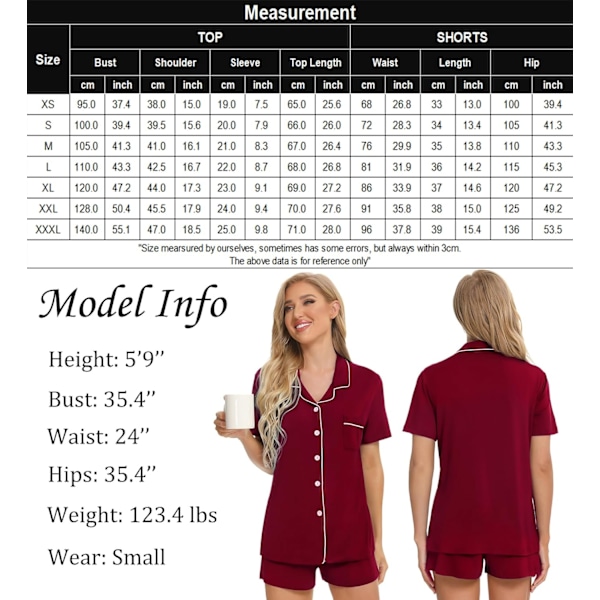 Dam Pyjamas Set Kortärmad Nattkläder Dam Knapp Ned Nattkläder PJ Set med Ficka M Wine Red