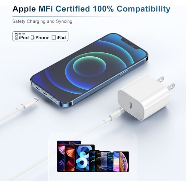 2-pack 2m snabbladdningskabel, 20W USB C PD snabbladdning, typ C-port