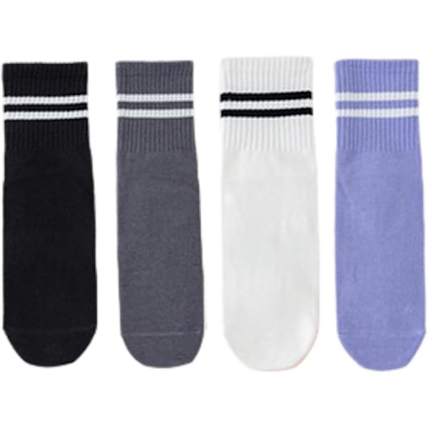 Mid-calf Yoga Sokker Pilates Sokker, Fashionable Sort og Hvid To-Bar Unisex -95% Bomuld, Skridsikre, 4 Par (Mørk Farve)