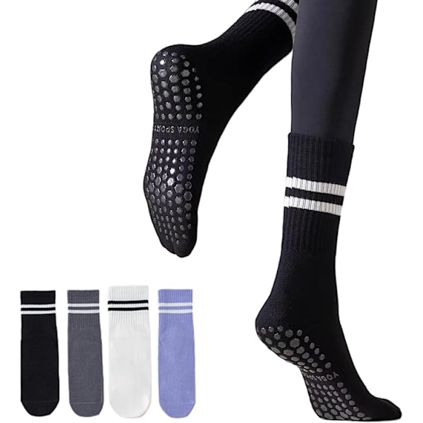 Mid-calf Yoga Sokker Pilates Sokker, Fashionable Sort og Hvid To-Bar Unisex -95% Bomuld, Skridsikre, 4 Par (Mørk Farve)