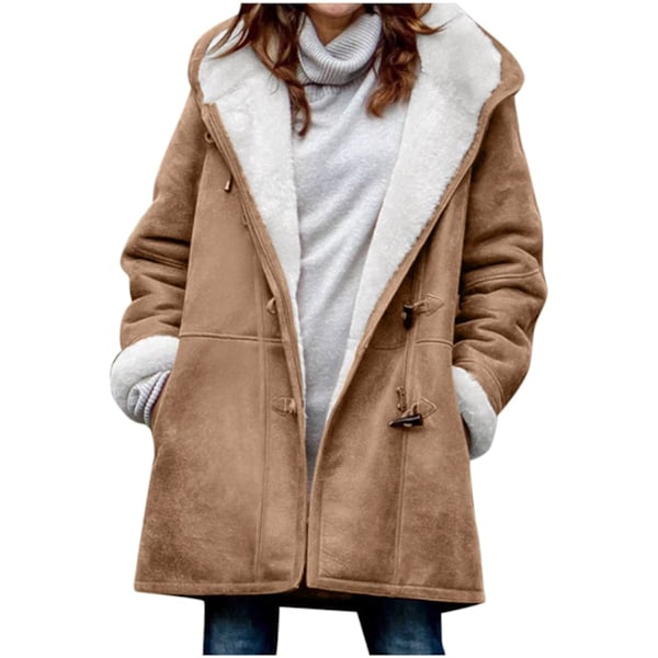 Damer Vinterjakker Udsalg Plus Størrelse Dame Fleeceforet Jakke Hoodies Lomme Uld Casual Hættetrøjer Horn Knapper Casual Varmt Jakke Trench 4XL 02 Brown