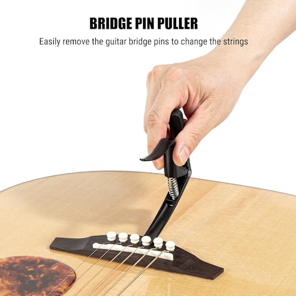 4-i-1 Capo för gitarr med extraktor för stallpinnar, capo för akustisk, elektrisk, klassisk gitarr, bas, ukulele, banjo, mandolin, svart Gold