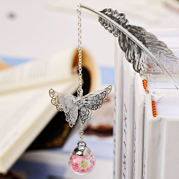 Metal Fjeder Bogmærke - Speciel Gave til Mors Dag, Kvinders Fødselsdage & Lærerpåskønnelse, Chic Litterær Tilbehør & Elegant Læsehjælp Silver Feather Pink White Flower