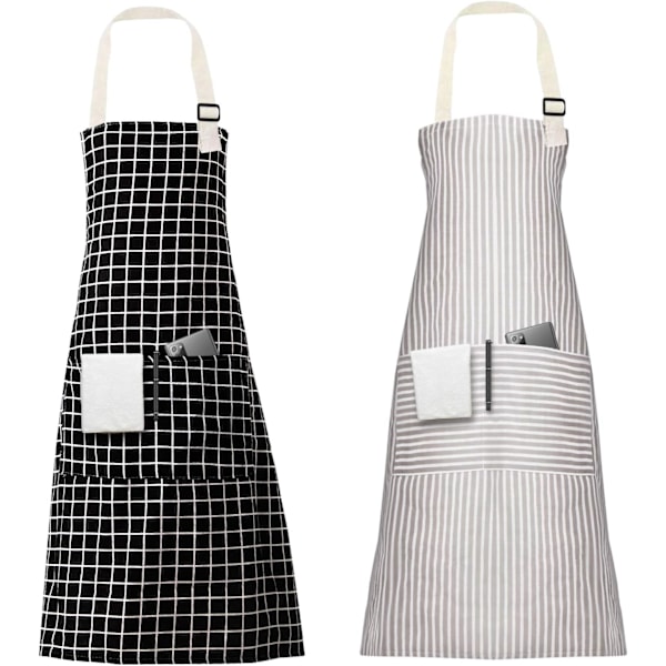 Unisex Justerbar Haklappsförkläde, 2 st Förkläde med 2 Fickor Matlagning Kök Kockförkläden, Dam Herr Förkläden för Hemkök, Restaurang, Kaffehus Black/White