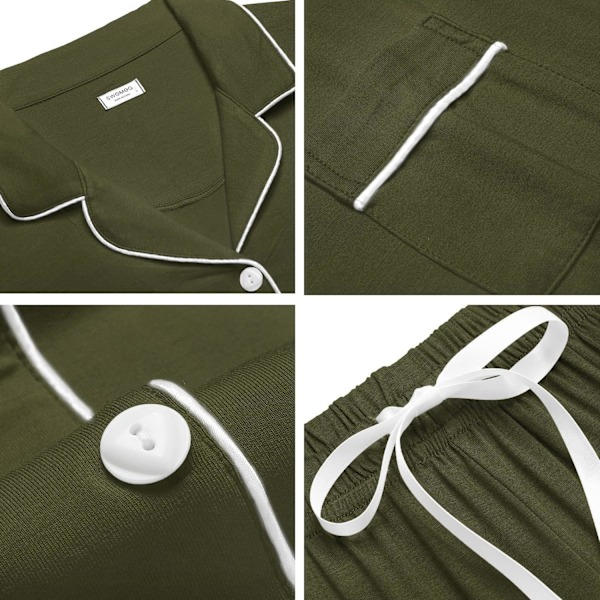 Kvinnors Pyjamas Set Kortärmad Nattkläder Dam Knäppning Nattkläder PJ Set med Ficka XS Army Green