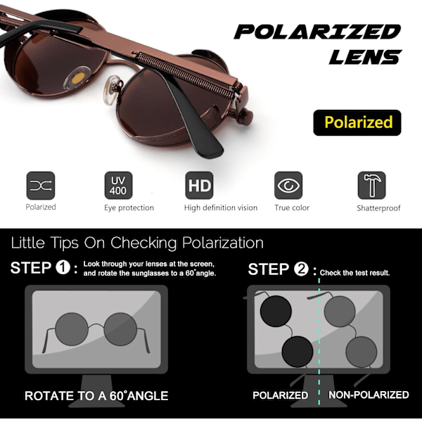 Retro Steampunk-stil Unisex Inspireret Runde Metal Cirkel Polariseret Solbriller afslappende, sikker og behagelig, til mænd og kvinder 1.6-brown Frame / Brown Lens