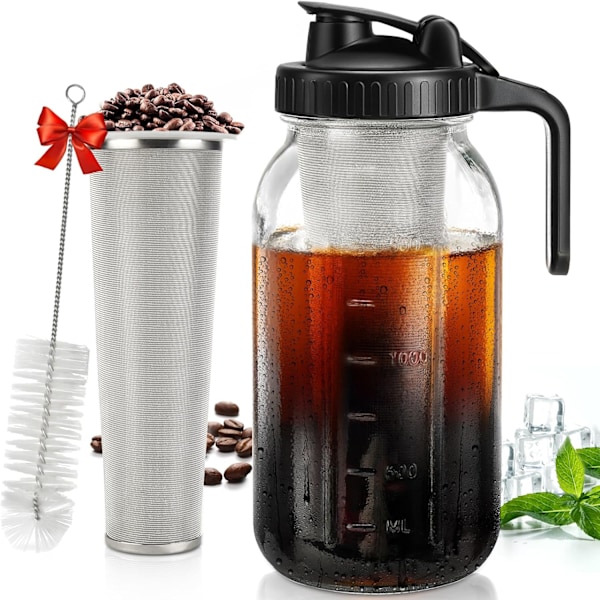 64oz kallbryggare för kaffe, 2 kvarts tjock mun med extra tät filter i rostfritt stål (svart)