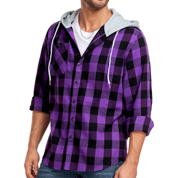 Herreskjorte med rutete mønster, langærmet skjorte med lomme, knappelukning, ternet skjortejakke i flanel, regular fit, 4 årstider, skjortejakke til tømmerhuggere, M-3XL Purple 3XL