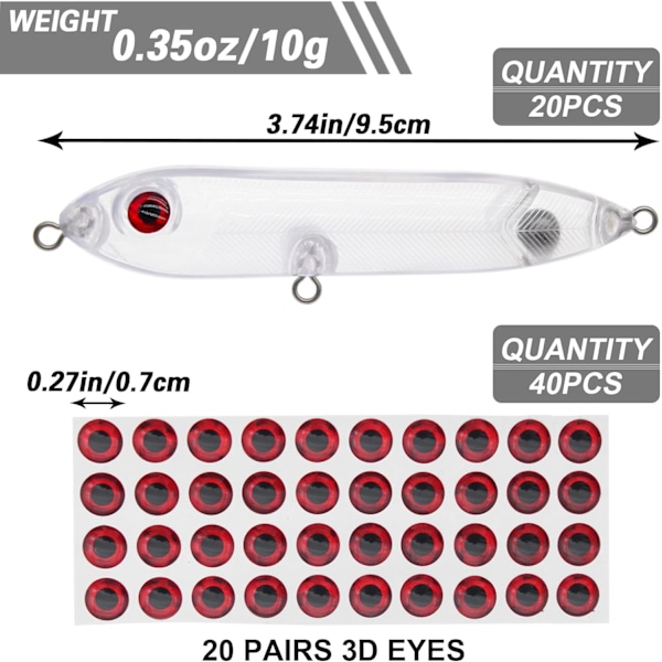 20 st fiskedrag set flugfiske toppvattenbeten hårda beten med 3D fiskeögon för lax, gös, öring, bas, sötvatten, saltvatten 20pcs