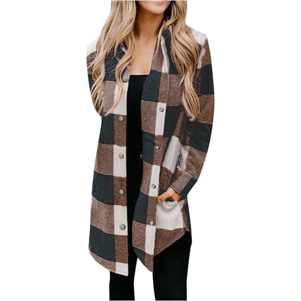 Brun damefrakk lang rutete chic casual høst/vinter cardigan /M brown M