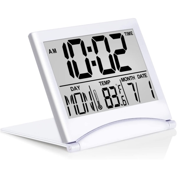 Digital reseväckarklocka - Fällbar kalendertemperaturtimer LCD-klocka med snoozeläge - stor digital display, batt