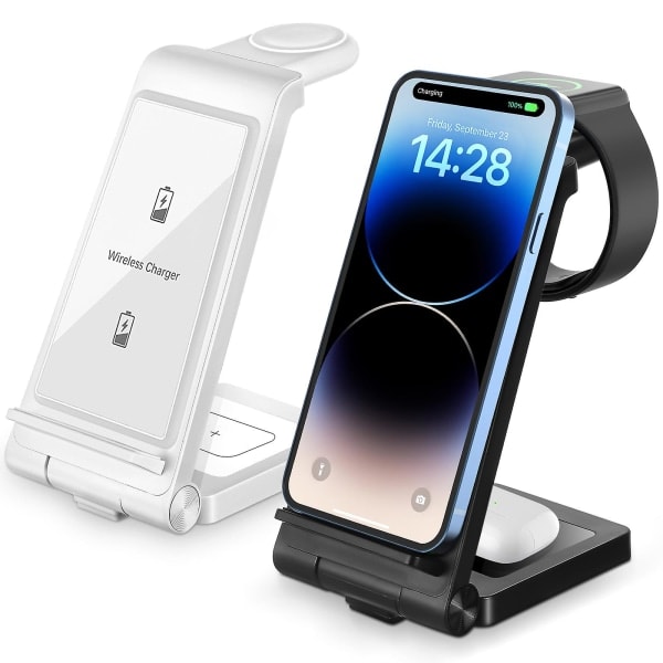 Trådlös Laddningsstation 3-i-1 Trådlös Laddare Snabbladdning Vikbart Ställ Kompatibelt med Apple Watch och De Flesta Telefoner Hörlurar (Svart)
