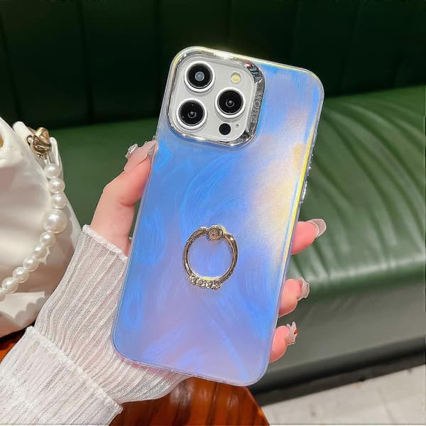For iPhone 14 Pro Deksel IMD Elektroplettering Ring Stativ PC+TPU Laser Telefondeksel