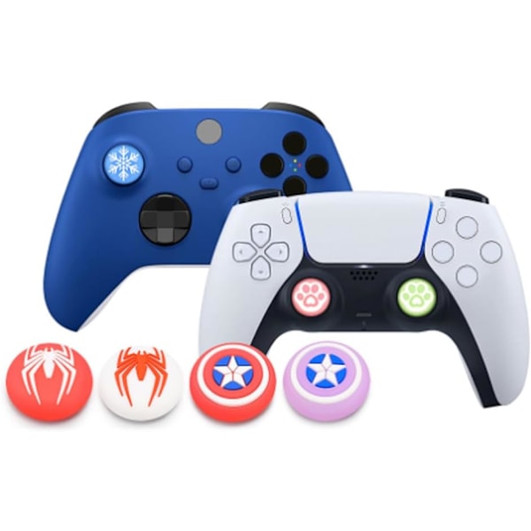 4 st mjuka silikontumgrepp, tecknade halkfria joystick-skydd, kontrollertumgrepp tillbehör reservdelar för PS4, PS5, Xbox Series