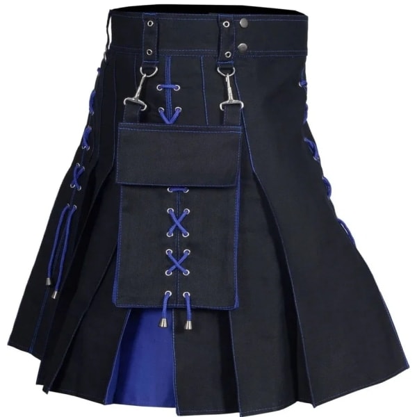 Men's Kilt Utility Scottish Traditional Highland Solid Pleated Buckle Costume Kilts with Cargo Pockets Blue 4XL