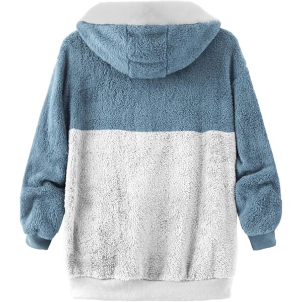 Hættejakke til kvinder, Teddy Fleece-frakke, overgangsjakke med hætte og lommer, lynlås, efterår, vinter, plysjakke, fleecejakke, vinter L F Blue