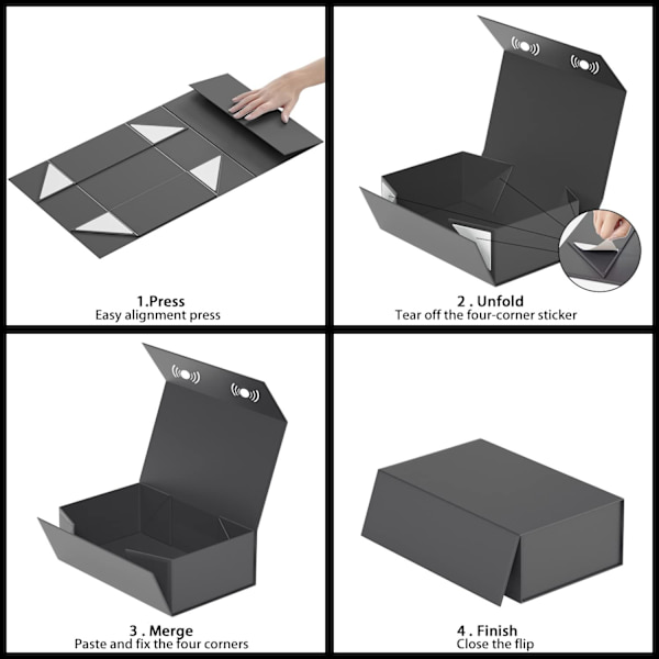 Sorte gaveæsker, med låg, magnetisk lukning, rektangulær, foldbar, til brudepigeforslag, bryllup, jul