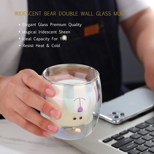 Bjørnekop Søde krus til kvinder Glas Dobbeltvægget isolerede glas Espresso kop, Kaffe kop, Tekop, Mælkekop, Bedste gave Iridescent Bear