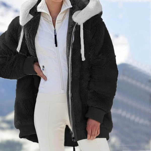 Hættejakke til kvinder, Teddy Fleece-frakke, Overgangsjakke med hætte og lommer, lynlås, efterår, vinter, plysjakke, fleecejakke, vinter 4XL A Black