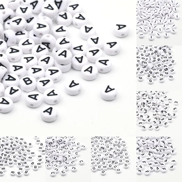 50/100/200 st/paket 7x4mm Vita Runda AZ Alfabetiska Bokstäver Akryl Lösa Distanspärlor för Smycken Tillbehör DIY Armband