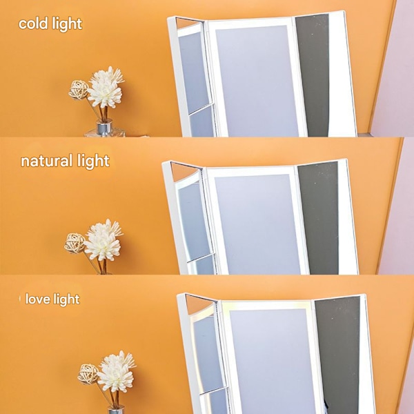 Opplyst Sminke Speil Toalettspeil - 3 Fargebelysningsmoduser 70 LED-er Tri-fold Speil, 1x/2x/3x Forstørrelse, Berøringskontroll Design, Bærbar HD Frosted right angle