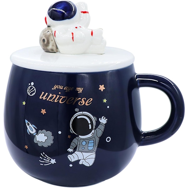 Rolig rymdmugg, söt astronautmugg, kreativ rymdskeppsmugg med lock och sked, rymdpresent för astronomiälskare 450ml (C)