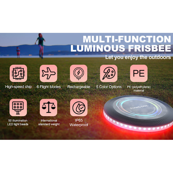 Genopladelig LED Frisbee - 175G-RGB - Smart Mode - Automatisk Tænding - Sjov Gave til Fødselsdage og Camping - Tilfældige UFO Mønstre red