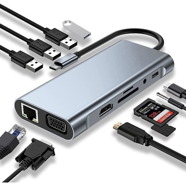 USB C Dockingstation, 11 i 1 USB C Hub med 4K-HDMI, VGA, USB 3.0, Type C, PD-port, RJ45 Ethernet, SD/TF-kortläsare, 3,5 mm AUX