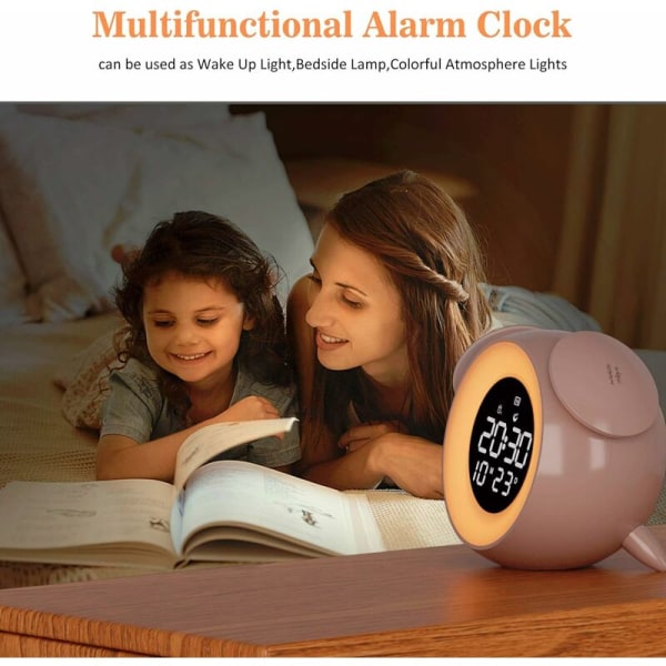 Sytytä herätyskello, lasten herätyskello LED-yöpöytälamppu (vaaleanpunainen) vit