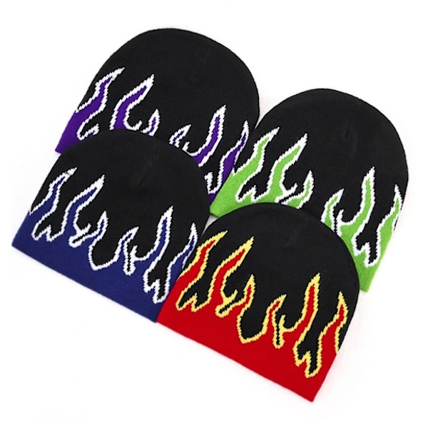 Tjock Varm Öronmuff Beanie Hatt Män Vinter Flamma Tryck Cykling Stickad Hatt Kläder Tillbehör Blå blue