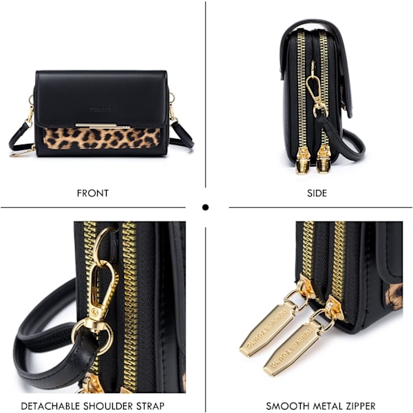 Lille Crossbody-telefonpung til kvinder, PU-læder mobiltelefonpung, kortholderpung og håndtasker, skuldertaske med justerbar rem B-black/Leopard Print