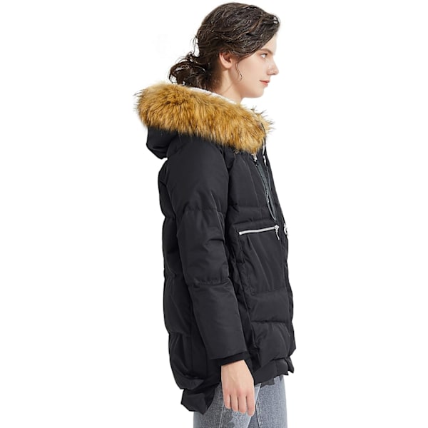 Kvinders Tykkelse Dunjakke Parka Hætte Lang Puffer Frakke til Vinter M Black+Fur Trim