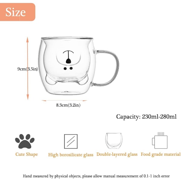 Bjørnekop Søde Krus til Kvinder Glas Dobbeltvægget Isoleret Glas Espresso Kop, Kaffe Kop, Te Kop, Mælkekop, Bedste Gave Bear With Handle