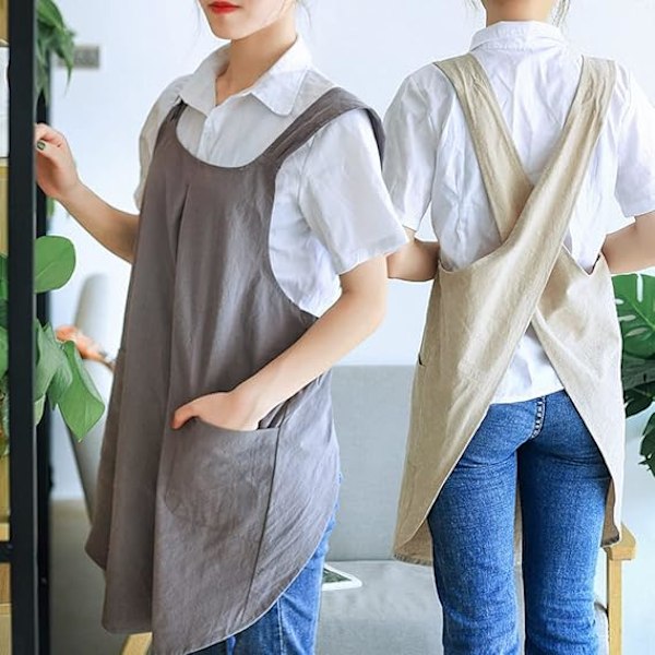Japansk stil Kvinder Bomuld Linned Forklæde Ensfarvet Halter Kryds Bandage Forklæder Ensfarvet Bomuld og linned Forklæde til Køkken Havearbejde Daglige Gøremål
