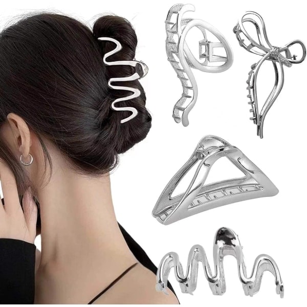 4pcs Big Hair Clips for Thick Hair Clips Silver Metal Strong Hold Jaw Clips for Women and Girls