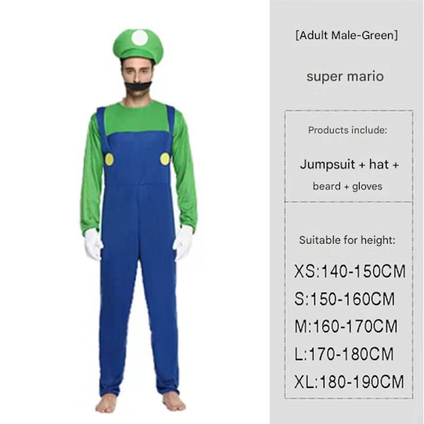 Super Mario Bros. Maskeradkostym för Vuxna Män Cosplay Kostym Grön L Green L
