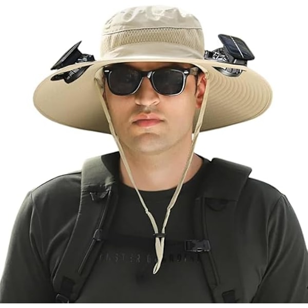 Udendørs Bredskygget Solhat med 2 Solcelleventilatorer Sol Bucket Hat til Mænd Kvinder UPF 50+ Bucket Fiske- & Strandhat med Indbygget Ventilator Khaki