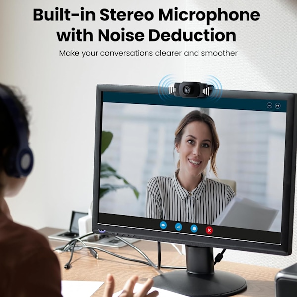 1080P webbkamera med mikrofon, USB 2.0 webbkamera för stationär dator och bärbar dator med automatisk ljuskorrigering, Plug and Play, för videostreaming