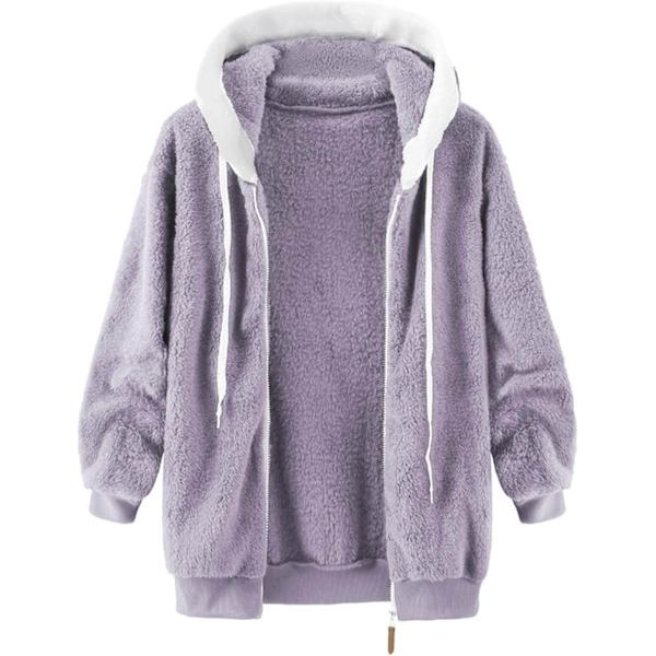 Hættejakke til kvinder, Teddy Fleece-frakke, Overgangsjakke med hætte og lommer, lynlås, efterår, vinter, plysjakke, fleecejakke, vinter XL A Purple